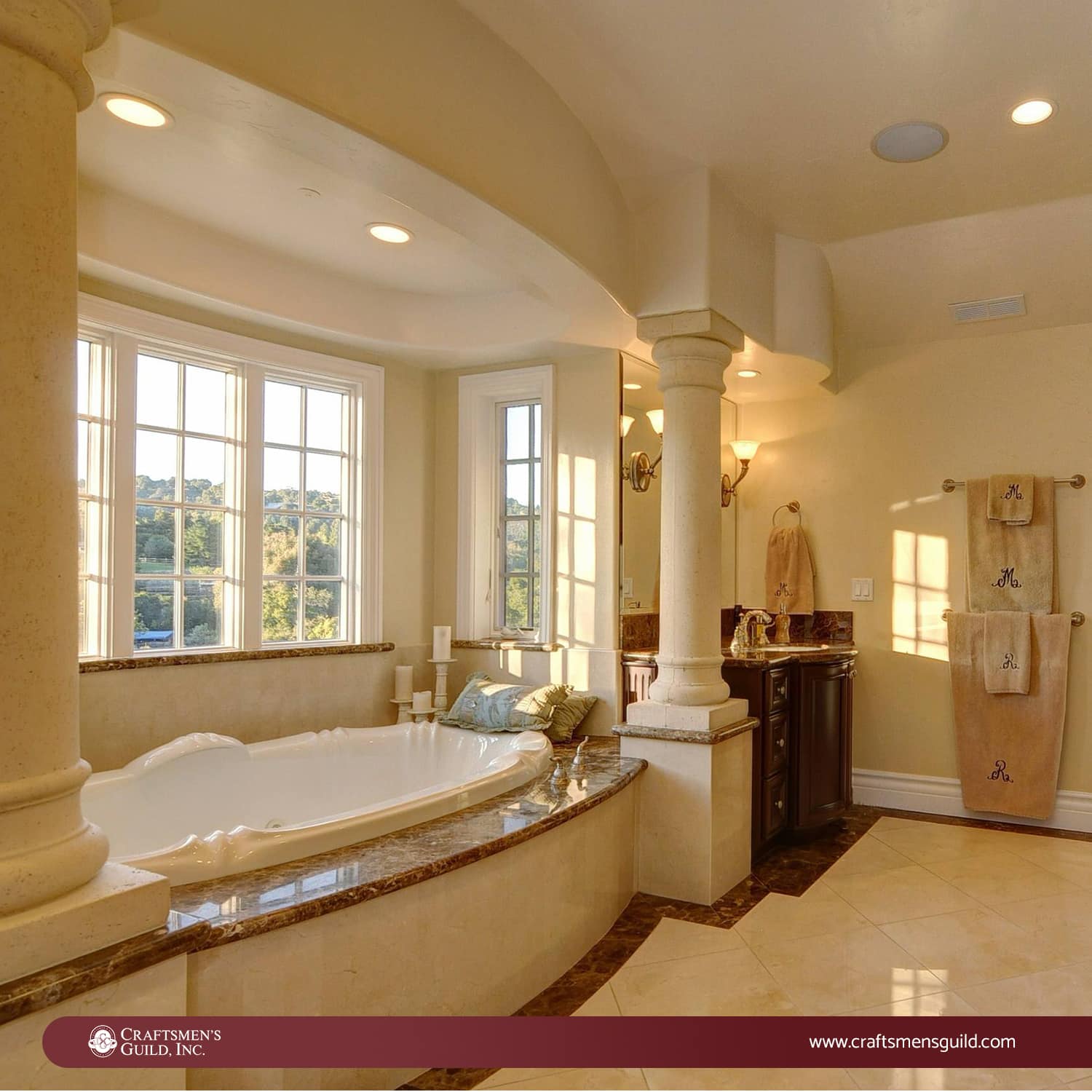 "Pictures of luxurious, spa-like bathrooms with high-end fixtures, custom vanities, and beautiful tilework."